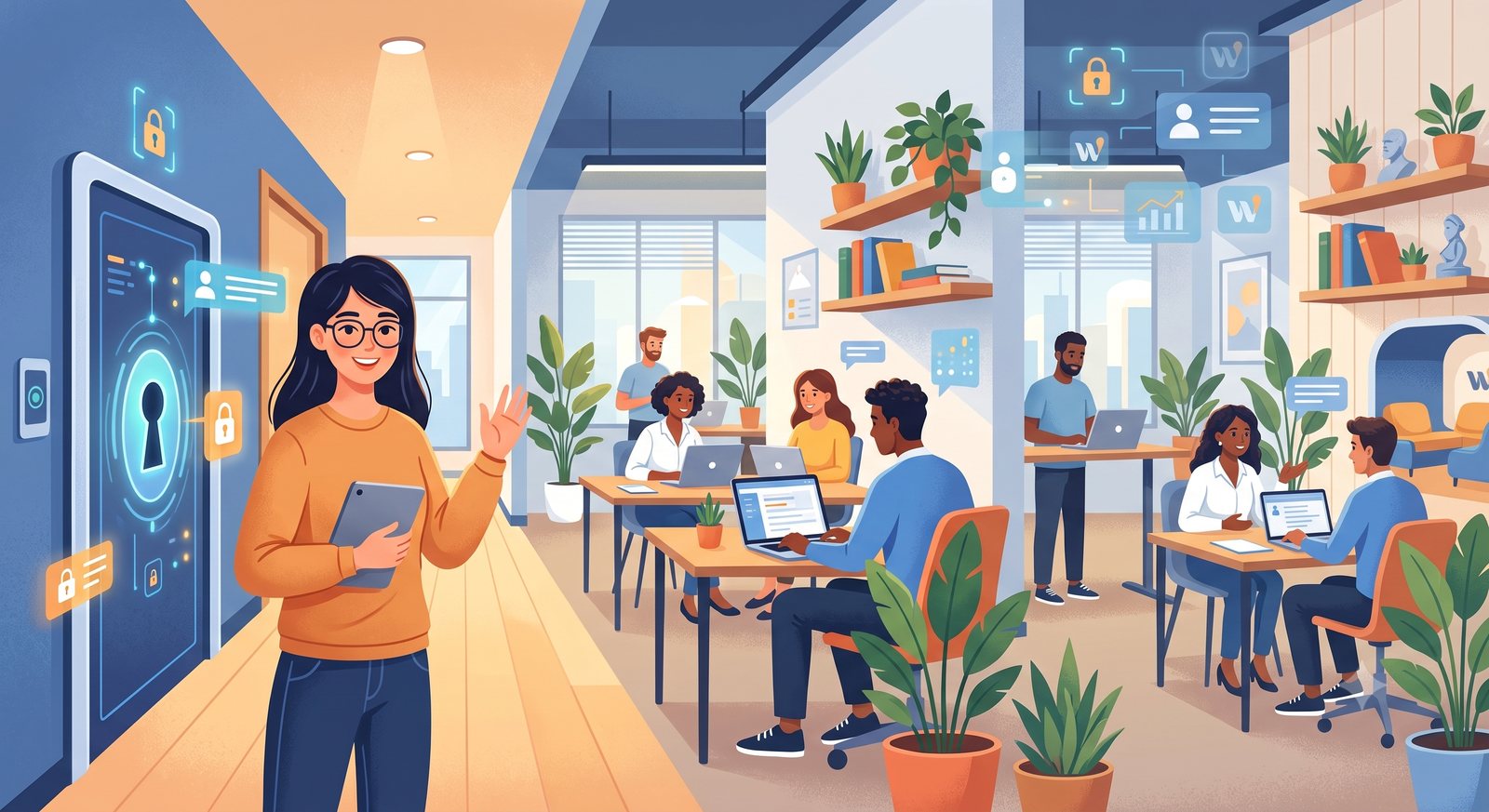 A team at work in an open office, and a colleague being let in through a secure door.
